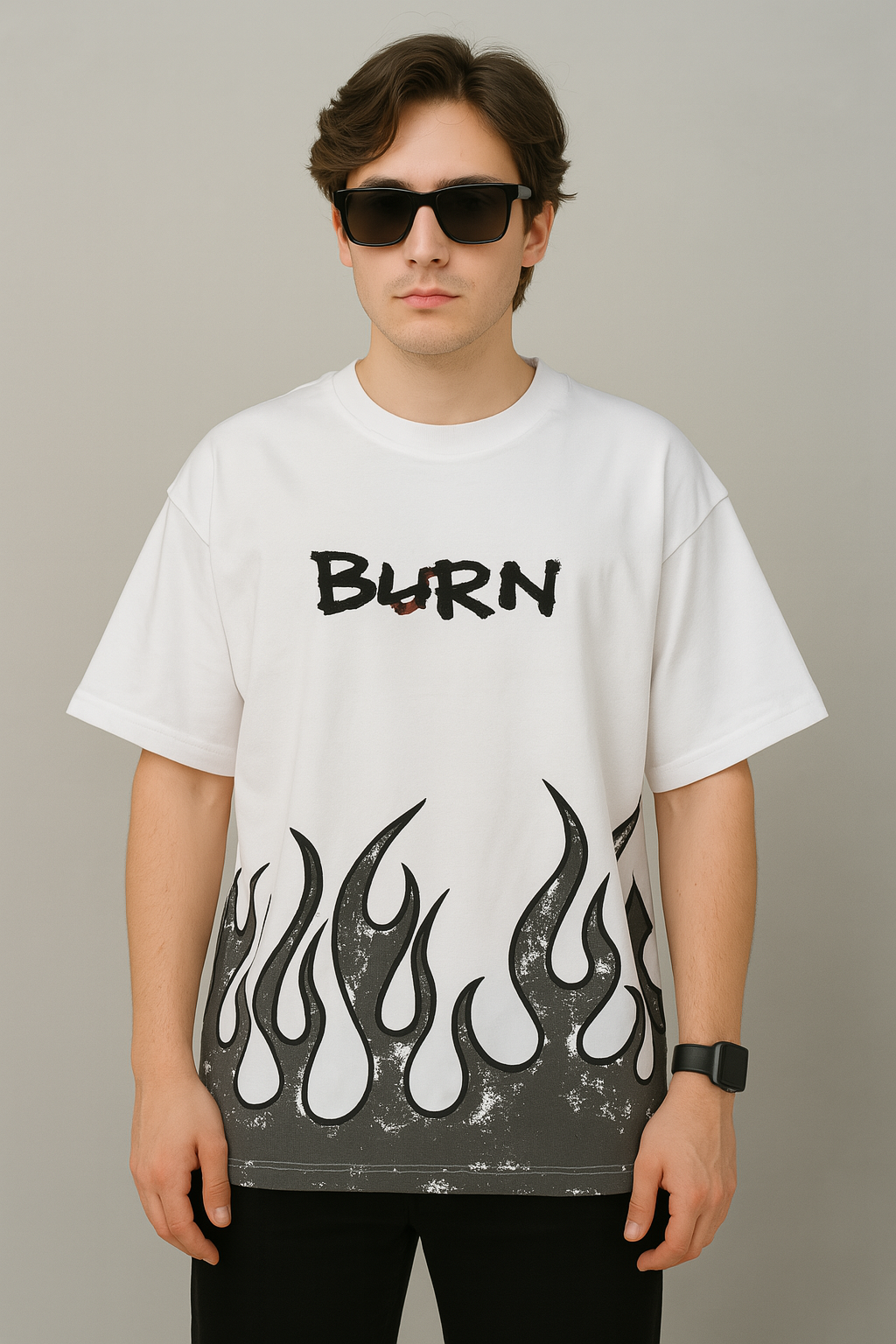 FIRE PRINTED DOWNSHOULDER TEES