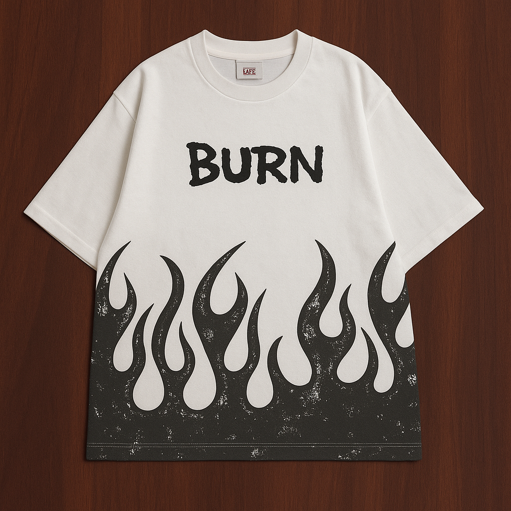 FIRE PRINTED DOWNSHOULDER TEES